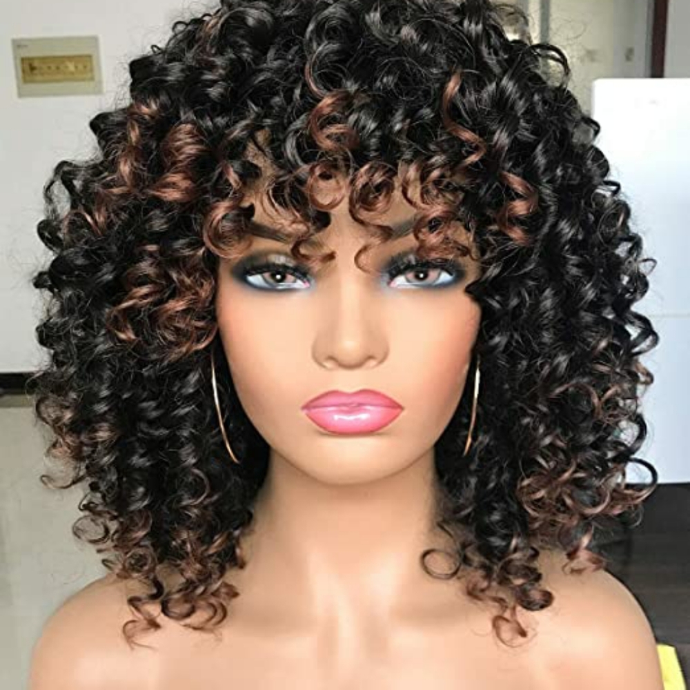 Afro curly Wigs Black with Warm Brown Highlights